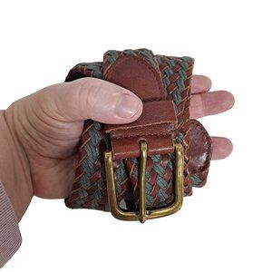 Vintage Belt Size 44 Classic Woven Braided Leather Gold Tone Buckle Brown Green